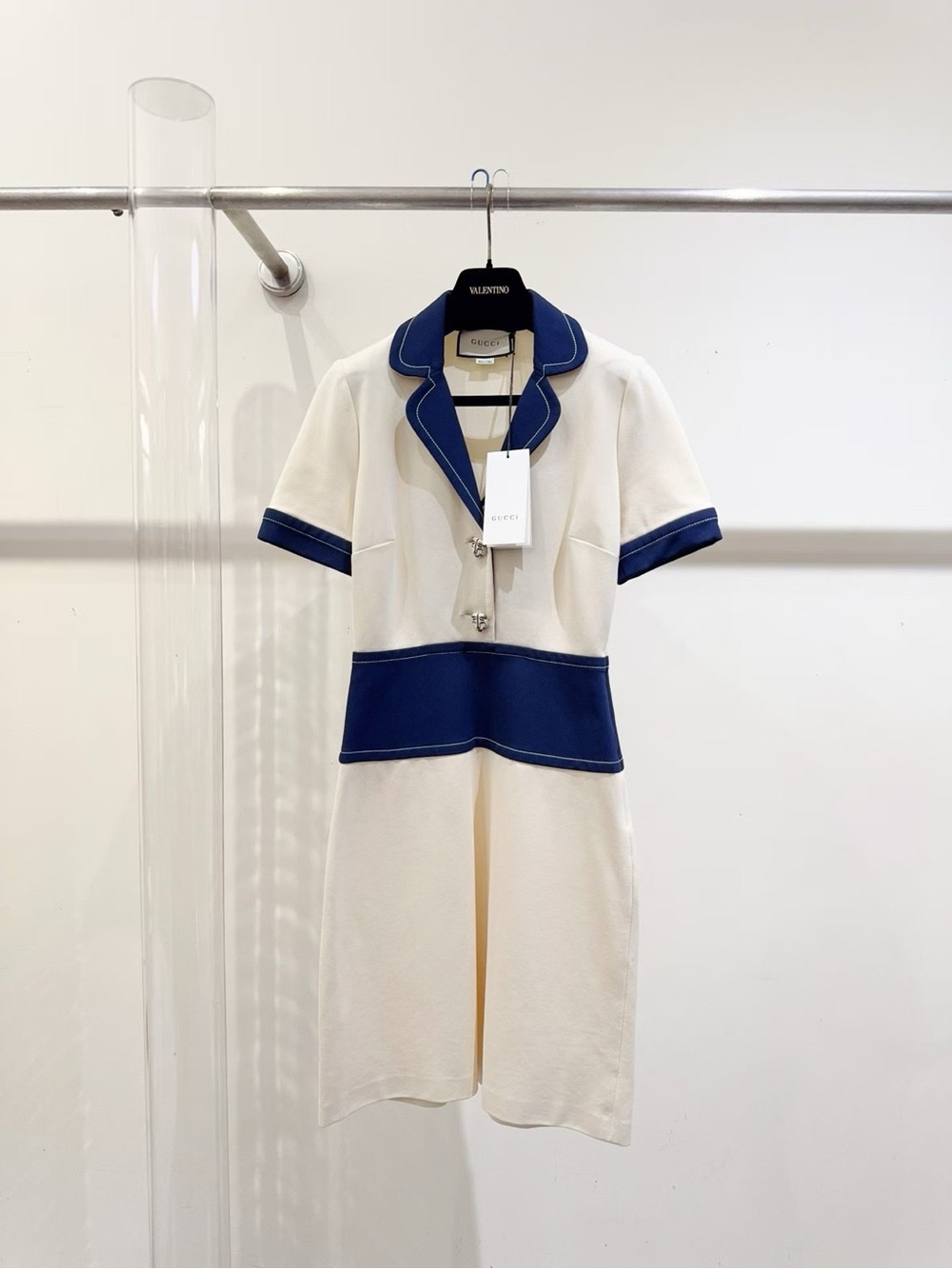 🚩steal Gucci Cream and Navy Short-Sleeve Collared Dress